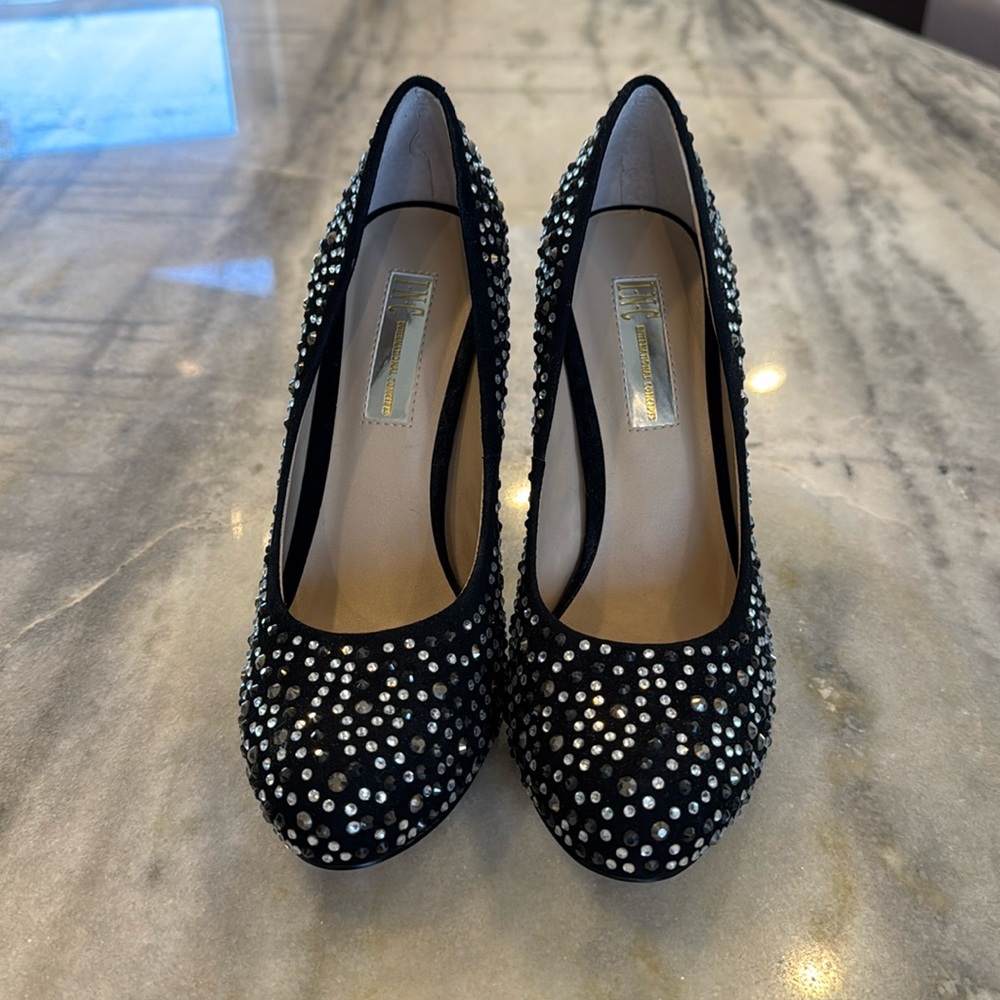 INC black rhinestone pump heels almond toe genuine leather 6.5